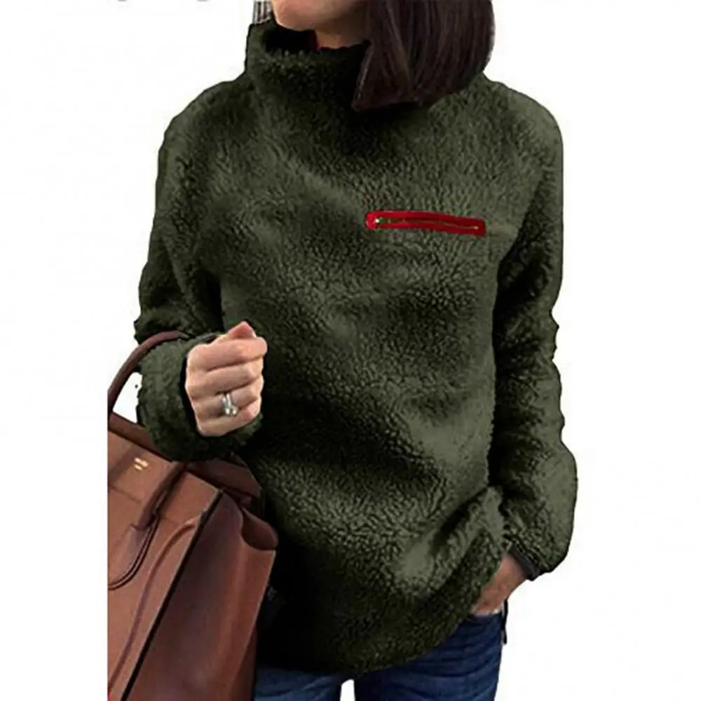 

Autumn Winter Women Long Sleeve Turtle Neck Pocket Sweatshirt Plush Pullover