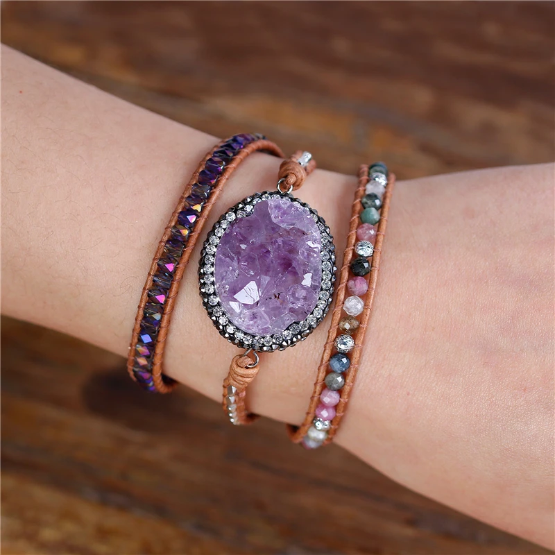 

YueTong Boho Amethysts Drusy Leather Wrap Bracelet Natural Stone Beads Bracelet Leather Bracelet Jewelry Friends Gift Dropship