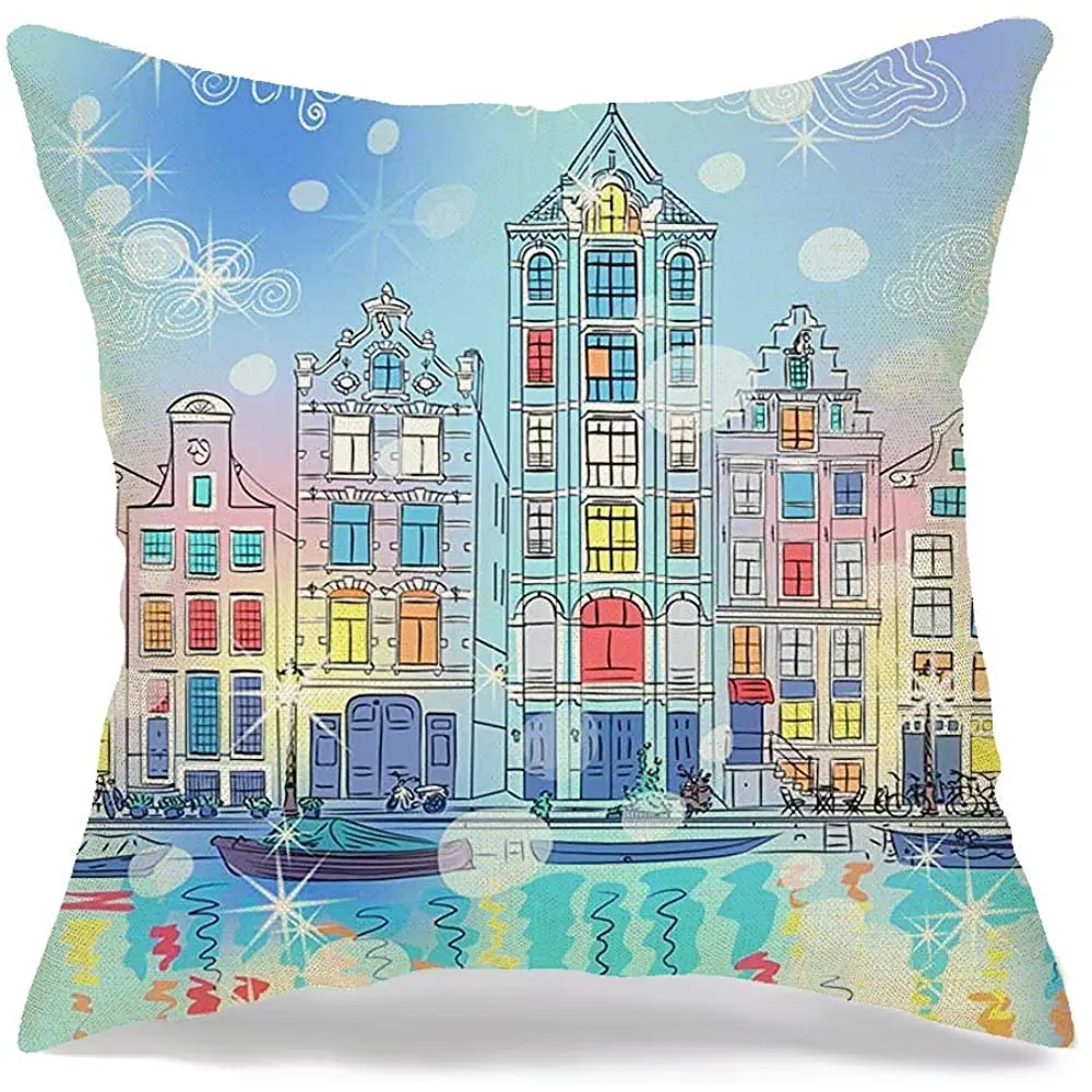 

Наволочка декоративная для подушки, наволочка с изображением Рождества, города, города Амстердам, известного канала, традиционных символов