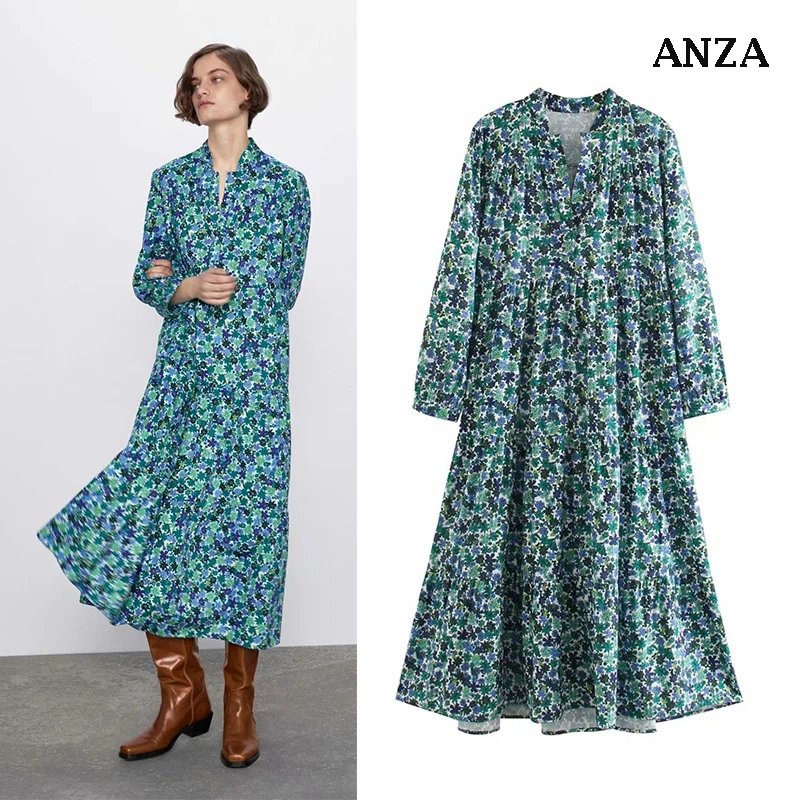 Женское шифоновое платье миди ZA повседневное длинное зеленое с цветочным