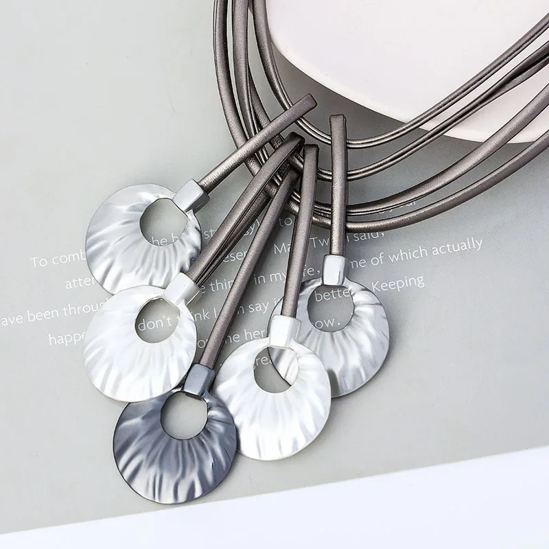 

Amorcome 2021 New Winter Sweater Chain Necklace for Women Girls Geometric Round Pendant PU Leather Multilayer Long Necklaces