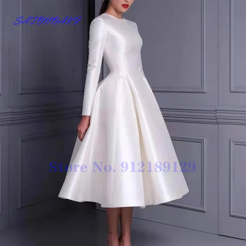 

Vestidos De Novia 2021 Short White Satin Wedding Dresses Tea Length O-Neck A-Line Zipper Back Bridal Gowns Robe Mariée France