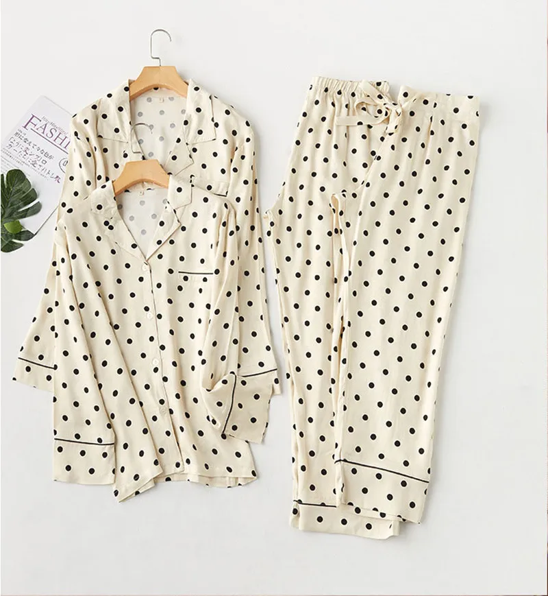 

Couple Sleepwear Cotton Viscose Yellow Bottom Polka Dots Printed Women Pajamas Suit Casual Home Clothes Couple Pajamas Set