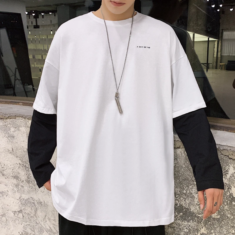 

Una Reta Man's T-shirt New Spring Hip-Hop Print Top Tee Black White Long Sleeve Fake Two Pieces t-shirt Streetwear T Shirt Men