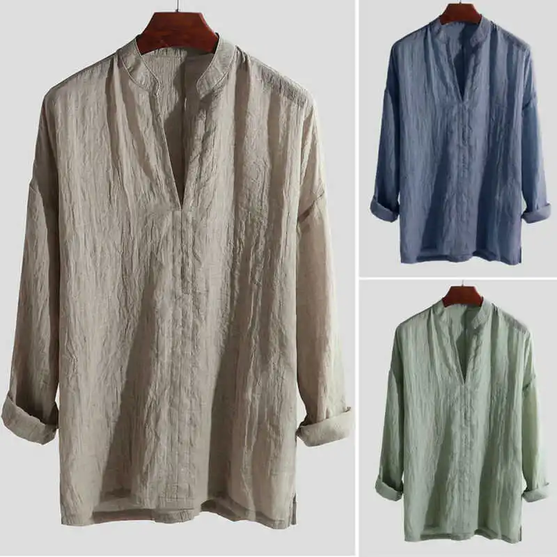 

Cool Long Summer Casual Loose M-2XL Men's Shirt Blend Sleeve V-Neck Shirts Tops