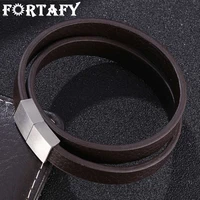 fortafy stainless steel charm magnetic black brown men wrap bracelet leather bangle punk rock jewelry accessories friend fr1059