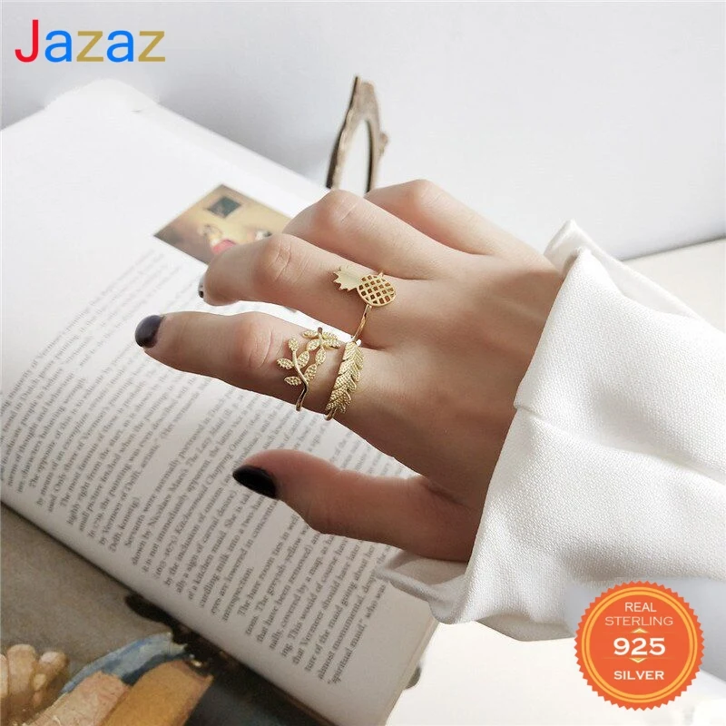 

Jazaz Real 925 Sterling Silver Punk Pineapple Leaves Adjustable Ring Geometric Fashion Jewelry For Women Party D001093