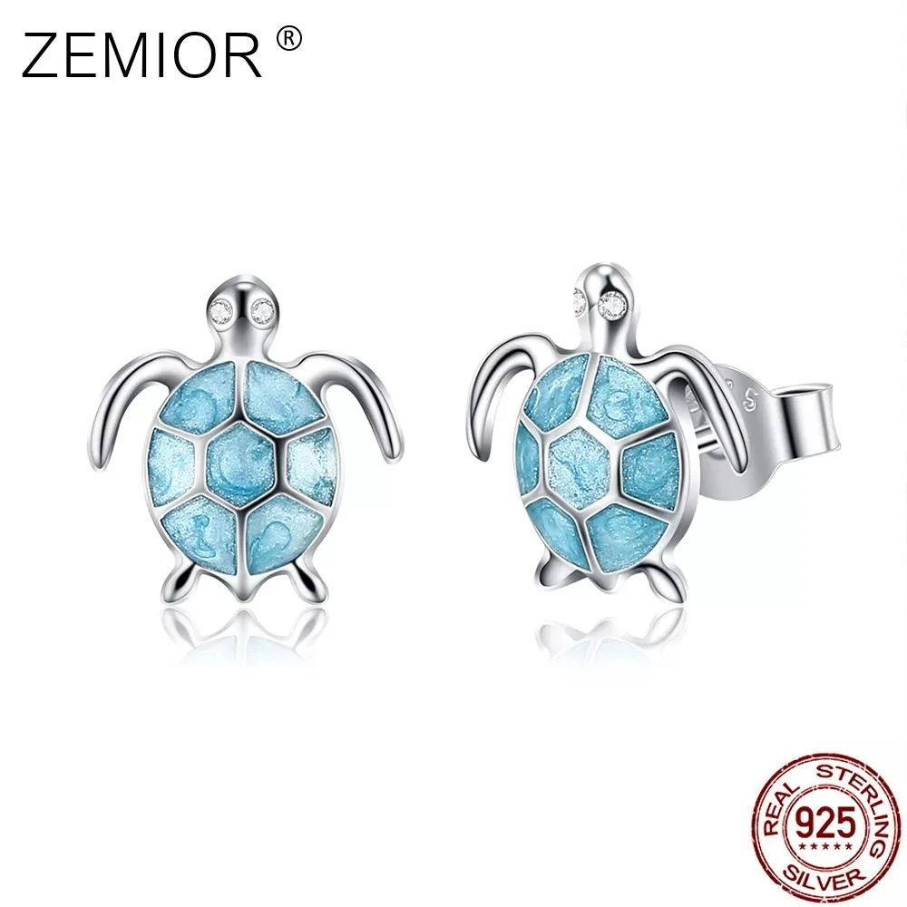 

ZEMIOR S925 Sterling Silver Stud Earrings For Women Cute Blue Color Tortoise Shape Zirconia Trendy Birthday Gift Send Girlfriend