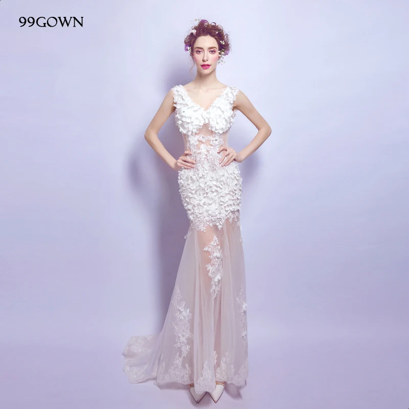 

99GOWN 2019, Элегантное свадебное платье, сексуальное, v-образный вырез, открытая спина, ручная работа, цветок, бисер, Русалка, длинное свадебное п...