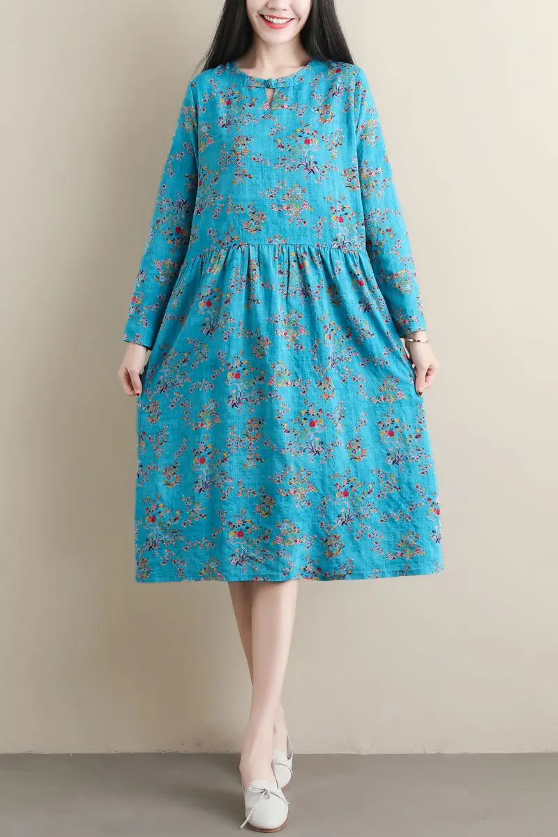 

COIGARSAM National Wind Full Sleeve Women dress New Spring Print Cotton Linen Loose Dresses Sky Blue 8905
