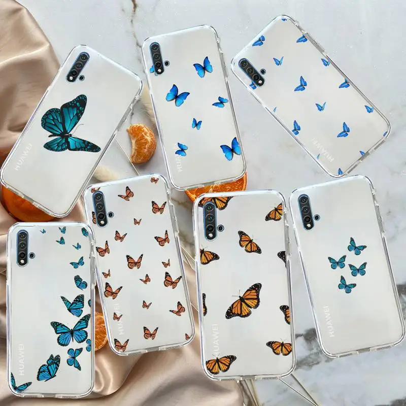 

Blue butterfly cute animal Phone Case Transparent for Huawei honor P mate 40 20 30 10 50 i 9 x mate pro lite 8a