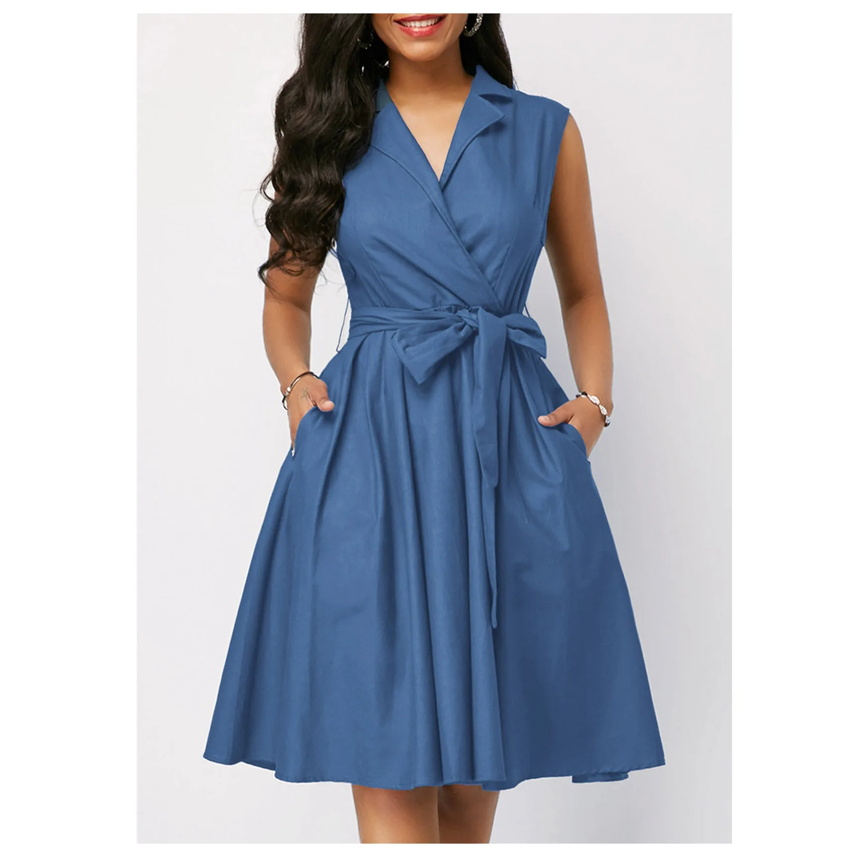 

Popular Solid Color Sleeveless Lapel Lace Up A-line Commuter Dress Medium Length Women's Blue Dresses