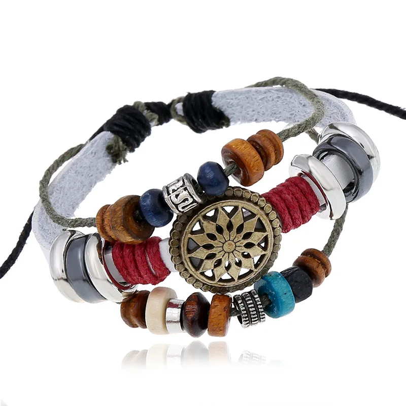 

Fashion Leather Bracelet Wood Beads Vintage Three Layers Leather Bracelet Bangle Wristband Jewelry Holiday Brithday Gifts