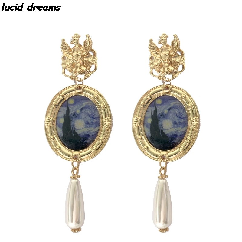 

Baroque Drop Earrings Women 2020 Long Dangle Van Gogh Starry Night Oil Painting Fashion Earrings Mosaic Quaint Jewelry Party Jew