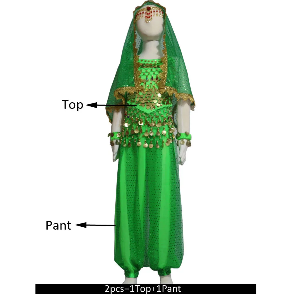 Green 2pcs Детский набор костюма для танца живота Восточные Танцевальные костюмы для девочек Египетский Болливуд индийский танец живота одежда Индия 8 цветов - Цвет: Green 2pcs