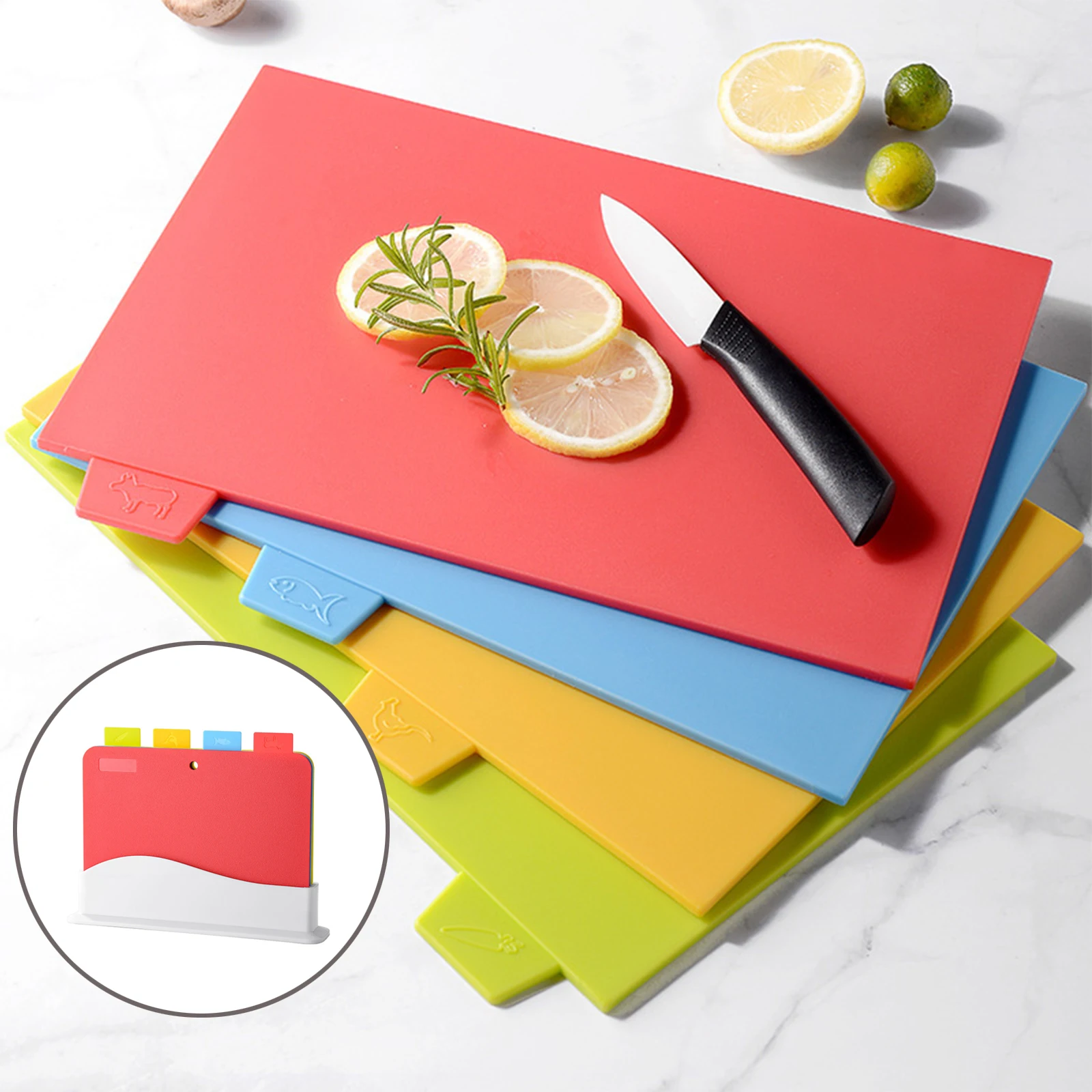

Professional Chopping Board Set 4 PCS Index Colour Coded Plastic Cutting Boards with Storage Stand, Non Slip Cutting Board Sets