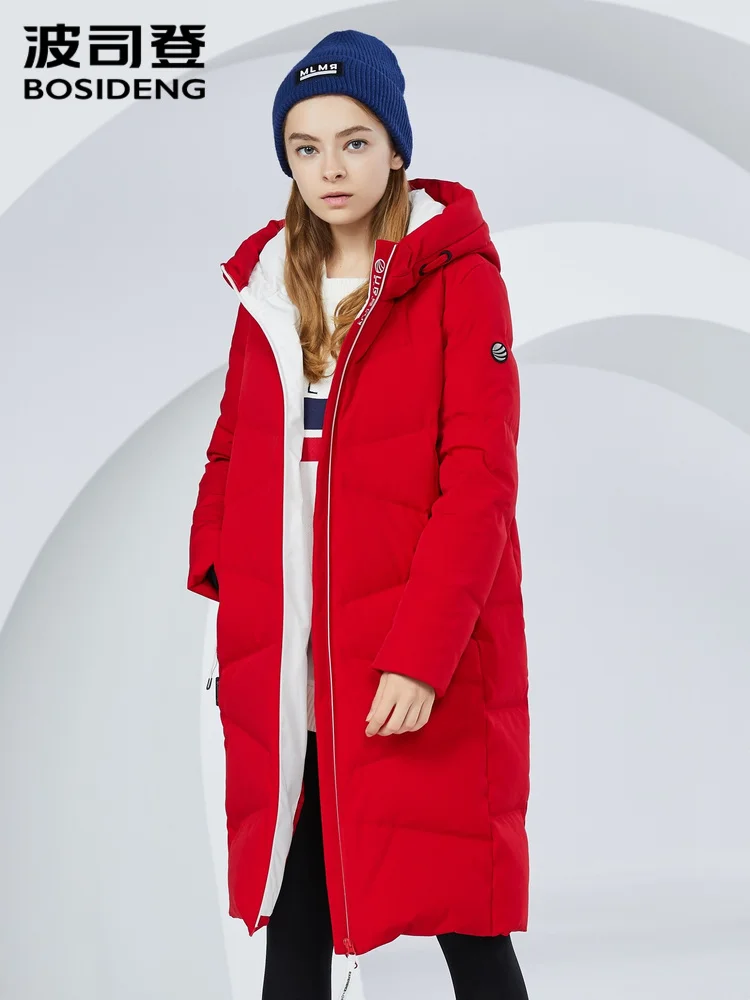 Женское зимнее пуховое пальто BOSIDENG длинное спортивное до колена с капюшоном