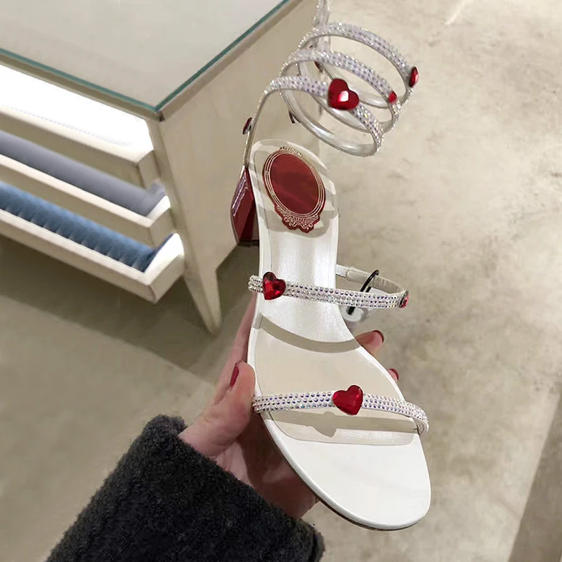 

Women Sandals Woman Heart Shoes Square Heels Ladies Rhinestone Gladiator Sandals Female White Brand Shoes Soft Zapatos De Mujer