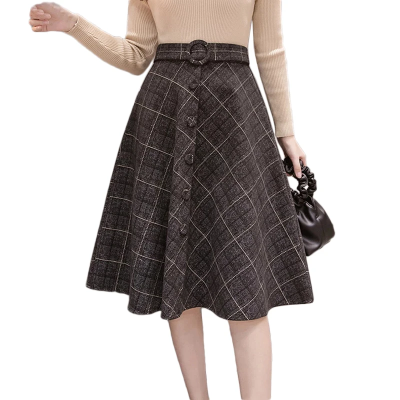 Осенне-зимняя шерстяная длинная юбка А-силуэта клетчатые юбки с высокой талией