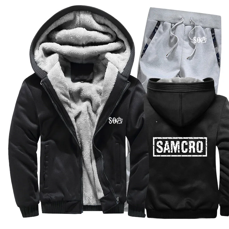 

NEW SOA Sons of Anarchy Hoodies Mens Suit Winter fleece Thicken Warm zipper Sweatshirt Mens Hoodies Jacket Pants 2Pcs Sets