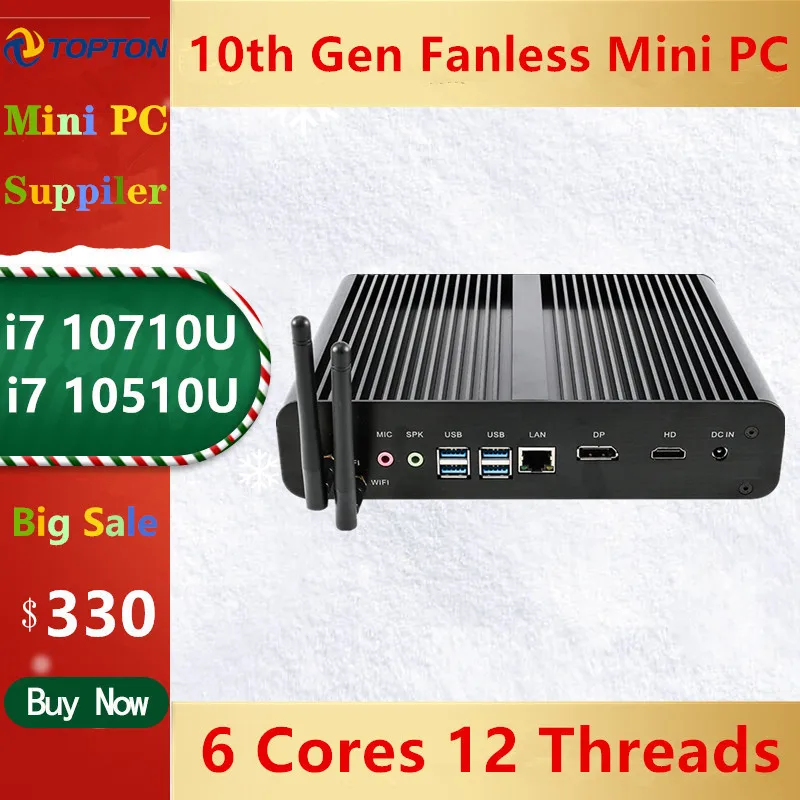 Topton Новый безвентиляторный мини ПК Intel i7 10710U 10510U настольный компьютер Windows 10 DDR4 M.2
