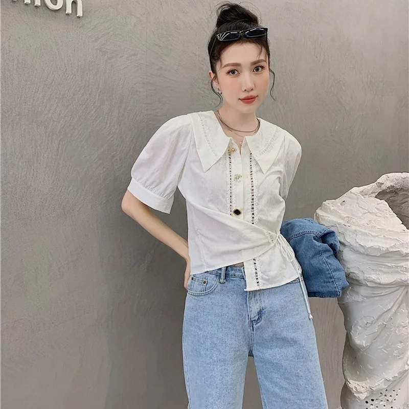 

Korejepo Women Blouse 2021 Summer Retro Temperament French Turn-down Collar Princess Sleeves Lace Up Waist Shirt Female Solid