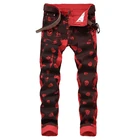 Джинсы мужские потертые Стрейчевые с принтом черепа, байкерские облегающие брюки из хлопка в стиле хип-хоп, с дырками, красные панковские джинсы