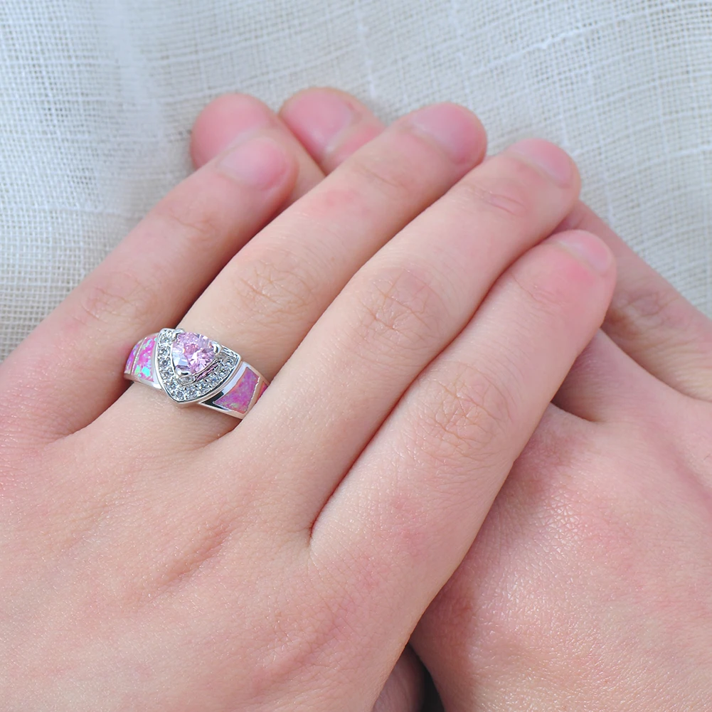 

Vintage Female Pink Triangle Crystal Ring Charm Silver Color Wedding Rings For Women Luxury Bride Opal Stone Big Engagement Ring