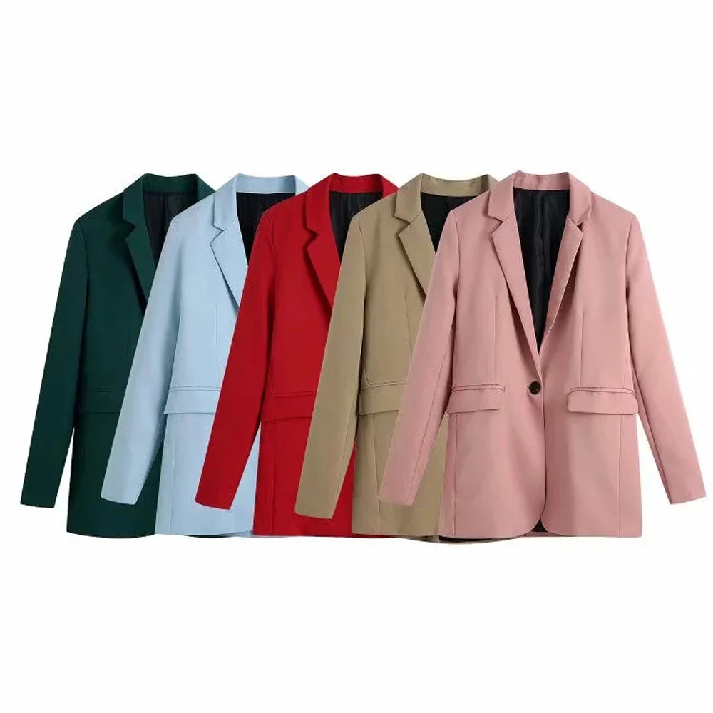 

Za 2021 Spring women Solid coat one-button office Midi blazer Notched Collar Suits jacket loose Pocket decoration Outerwear