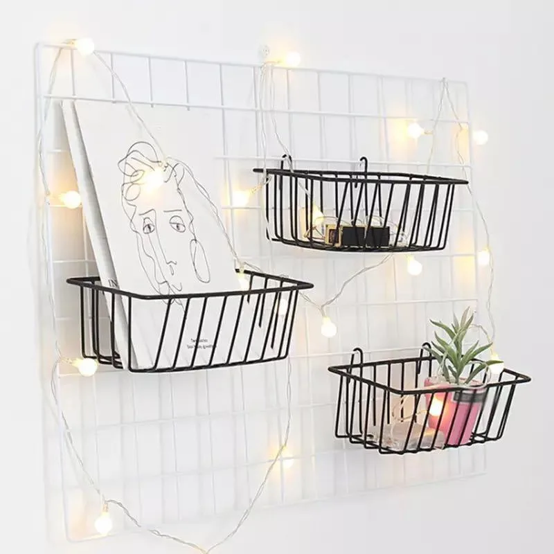 

Iron Grid Wall Basket Nordic Storage Rack Holder Photo Frame Postcards DIY Wall Art Display Storage Organizer Home Decor Shelves
