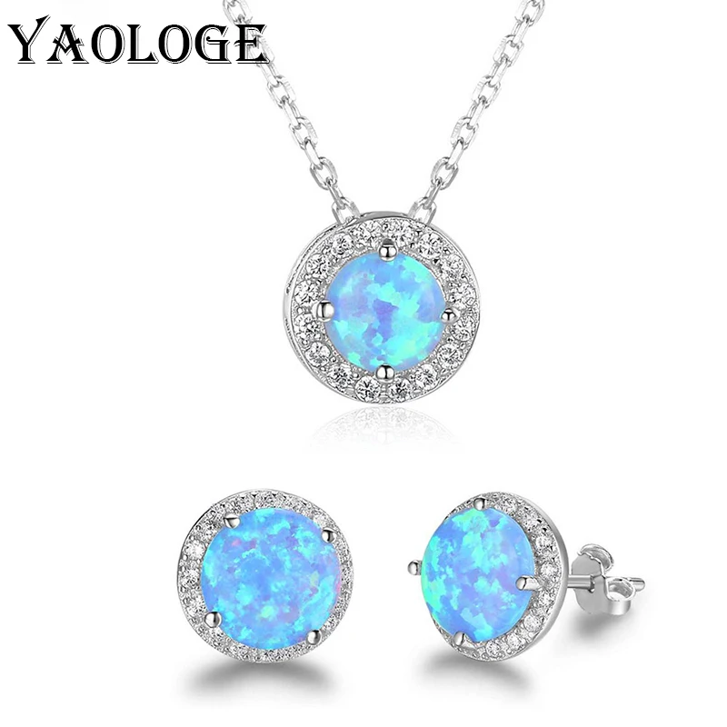 

YAOLOGE 925 Sterling Silver Simple Blue Round Zircon Crystal Pendant Jewelry Set Ladies Birthday Engagement Party Jewelry Gift