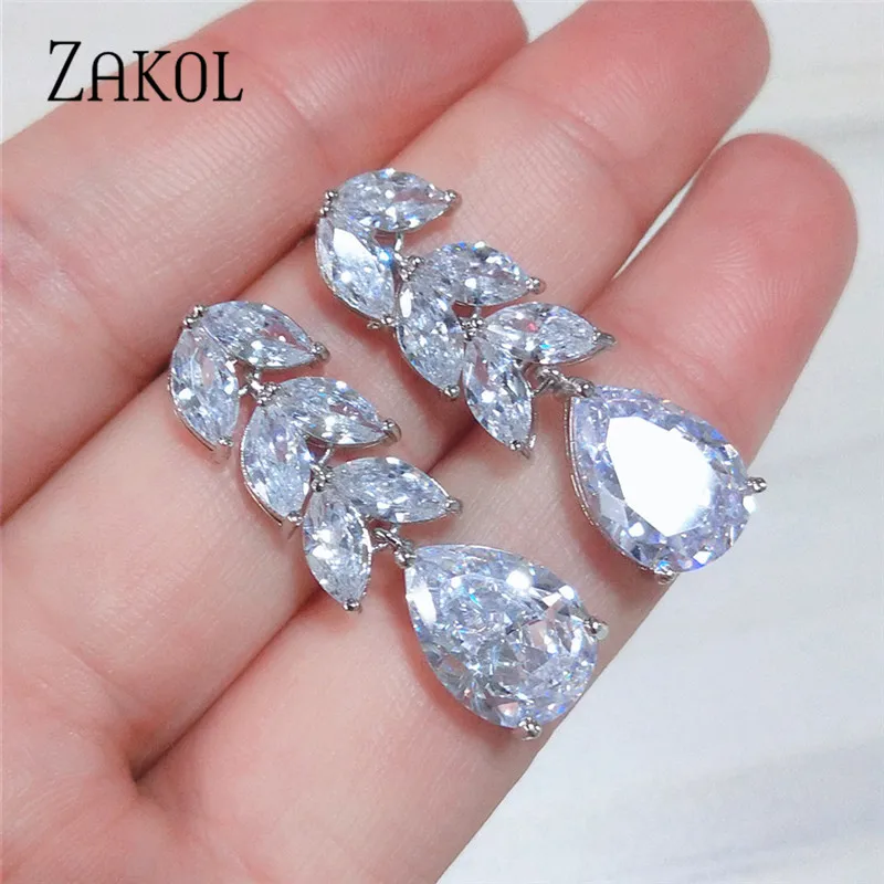 ZAKOL Модные женские висячие серьги с фианитами в виде листьев для женщин блестящие