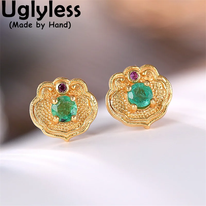 

Uglyless Ethnic RUYI China Chic Gold Jewelry for Women MINI Emerald Studs Earrings 925 Silver Brincos Abstrack Heart Jewelry