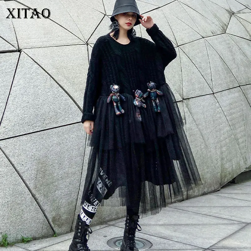 XITAO Сетчатое черное трикотажное платье Женская мода 2019 зима длинный рукав