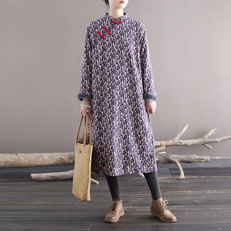 Женское винтажное платье с цветочным принтом Johnature свободное бархатное длинными