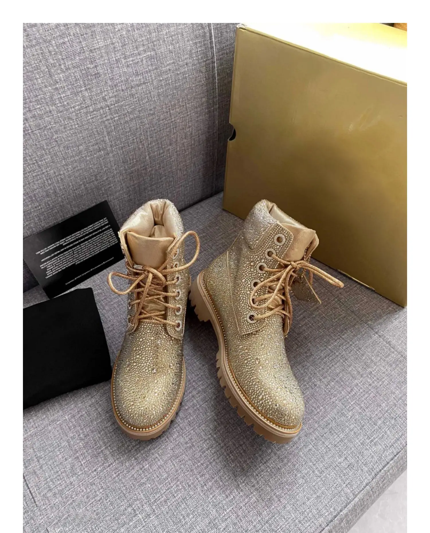 

Full Crystal Lace-Up Yellow Martin Boots British Style Round Toe Sequined Cloth Height Increasing Woman Shoes New Arrivial 2020