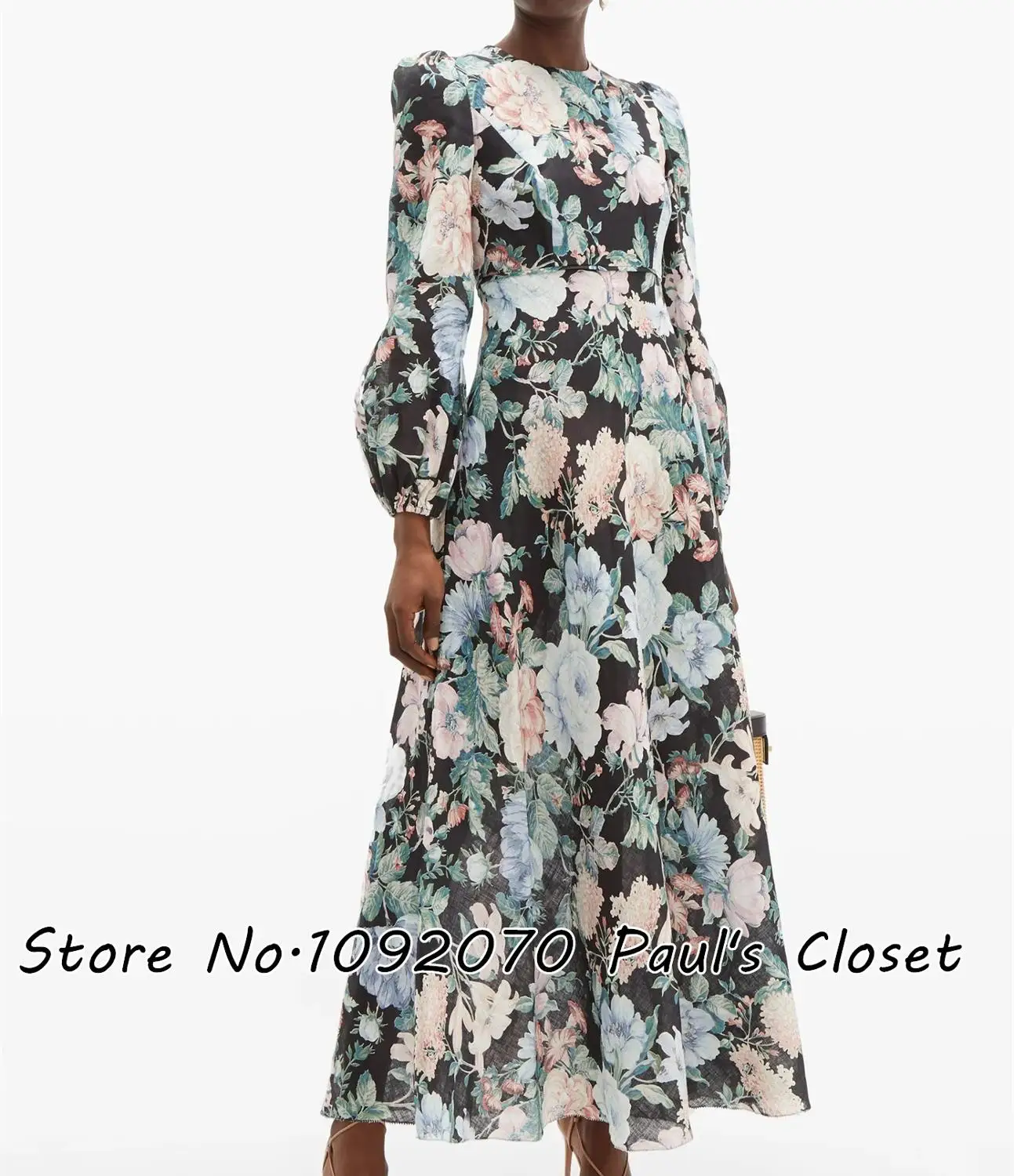 Женское длинное льняное платье макси с цветочным принтом и рукавами-баллонами |