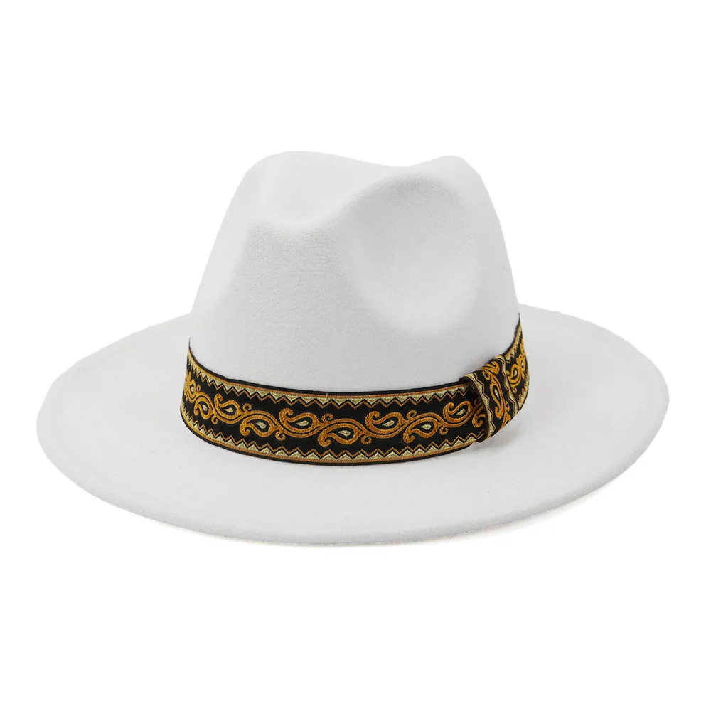 

HanXi Elegant Women Fedoras Hat Ethnic Webbing Belt Men Wool Vintage Felt Caps Wide Brim Fashion Lady Jazz Caps