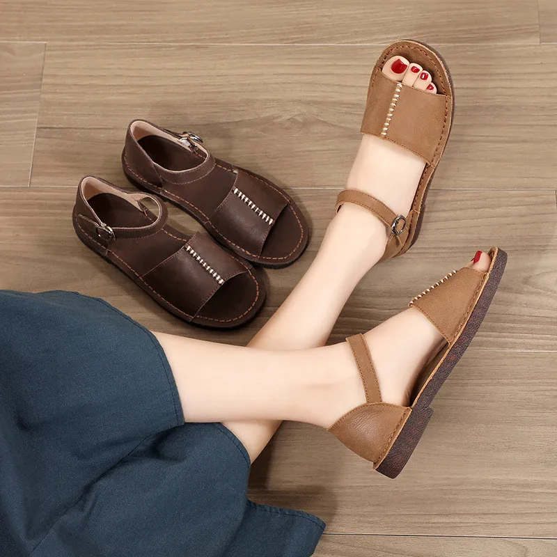 Women's Slippers Summer Females Genuine Leather Shoes Open-toe Flat Casual Sandals Ladies Outdoor Beach Flat Slippers