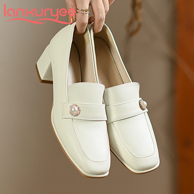 Lanxuryee daily wear pearl square toe big size 43 slip on thick high heels full grain leather spring handmade women pumps l37