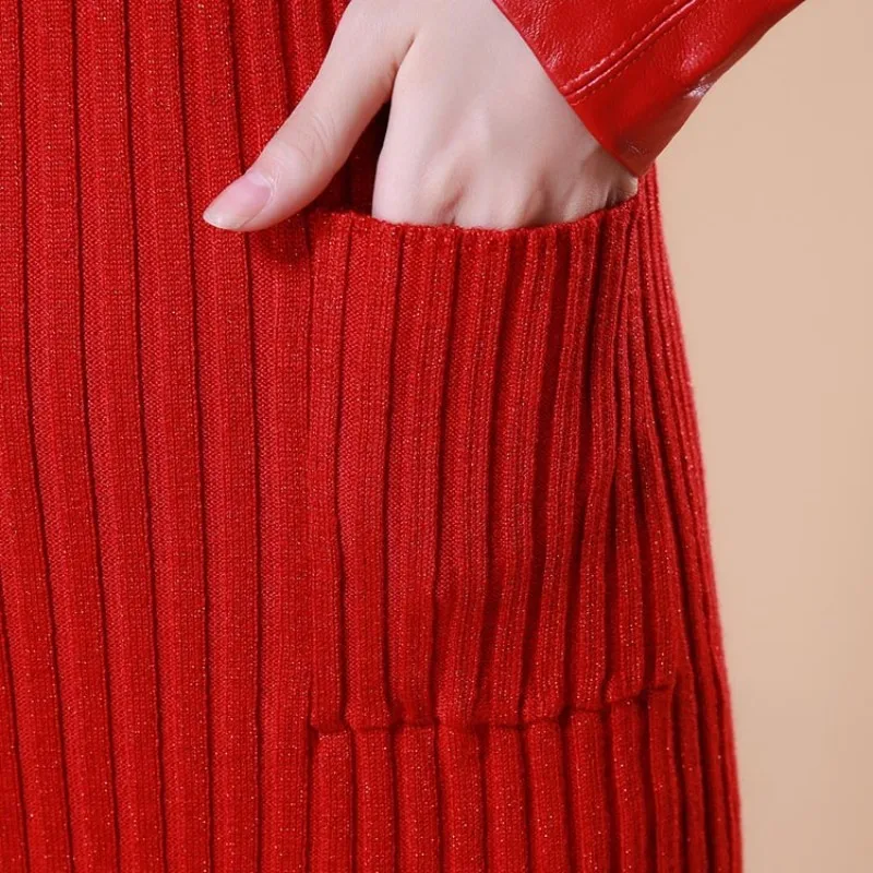 Women Winter Bodycon Knitted Dress Turtleneck Genuine Leather Patchwork Long Sleeve Dresses Elastic Knitwear Wrap Slim Fit | Женская