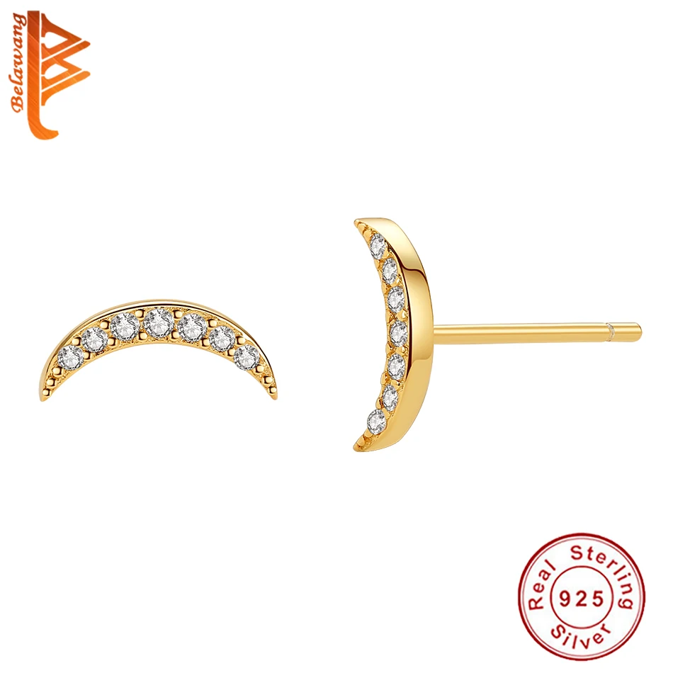 BELAWANG Оригинальное 925 стерлингового серебра CZ луна серьги гвоздики с 18K