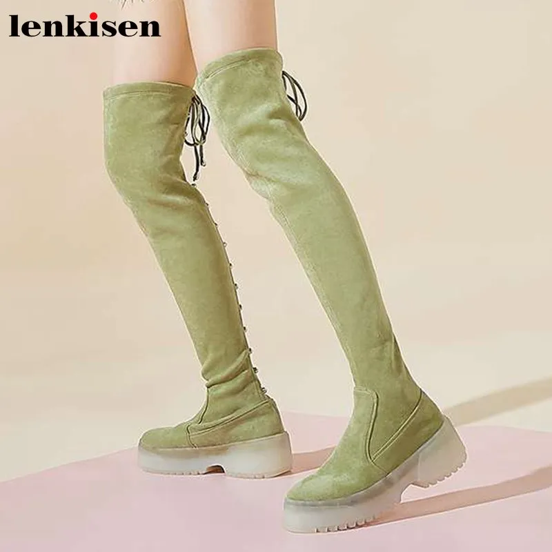 Lenkisen vitality/эластичные сапоги с украшением в виде кристаллов для девушек; модные зимние сапоги до бедра с круглым носком на высоком каблуке со шнуровкой сзади; L83