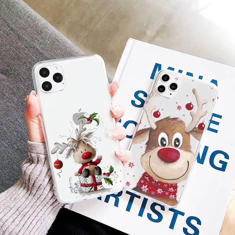

Christmas New Year gifts elk snow Phone Case Transparent Clear for iPhone 11 12 mini pro XS MAX 7 8 6 6S Plus X 5S SE 2020 XR