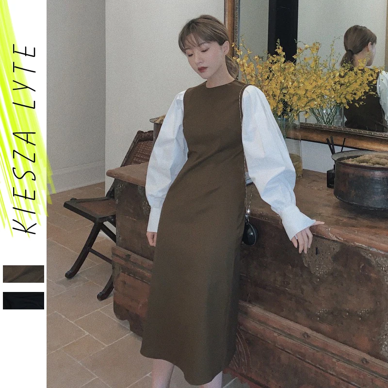 Женское винтажное платье в стиле пэтчворк два контрастных цвета с пышными