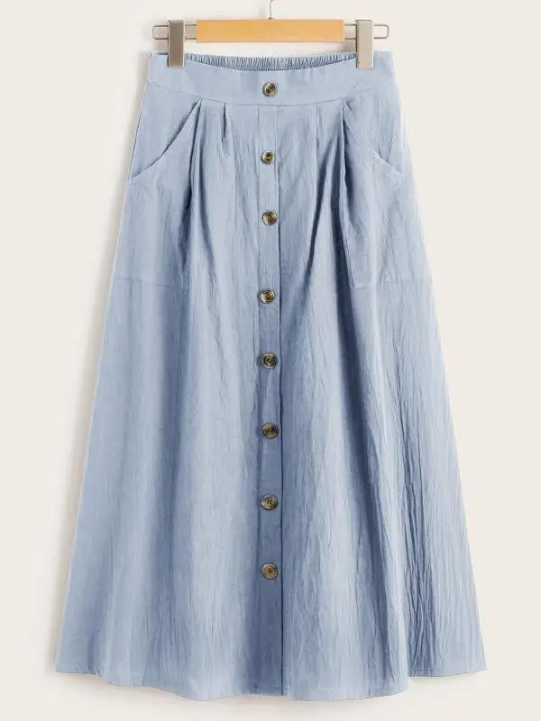 light blue Летняя повседневная женская юбка миди, высокая талия, чистый цвет, однобортная, на пуговицах, с карманом, хлопковая юбка для женщин - Цвет: light blue