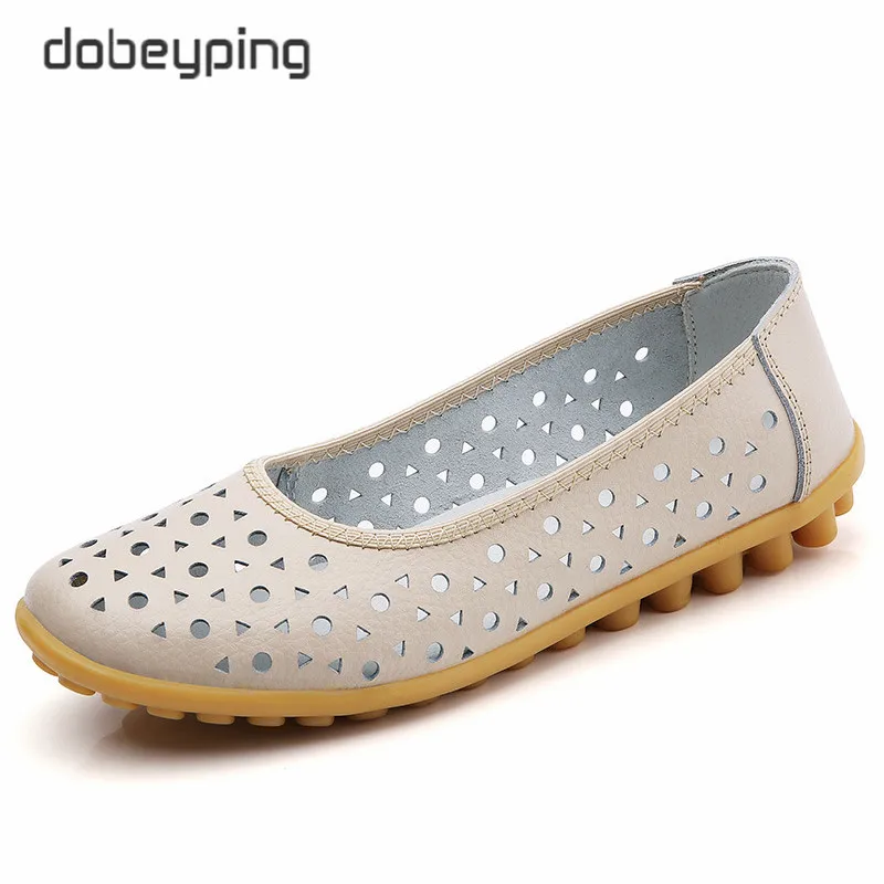 dobeyping Breathable Women Summer Flats Genuine Leather Woman Shoes Slip On Cut Outs Women's Loafers Mother Walking Peas Shoe
