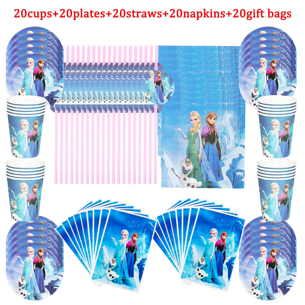 

Disney Princess Frozen Theme Birthday Party Disposable Tableware Set Paper Cup Plate Napkin Straws Table Decoration Supply