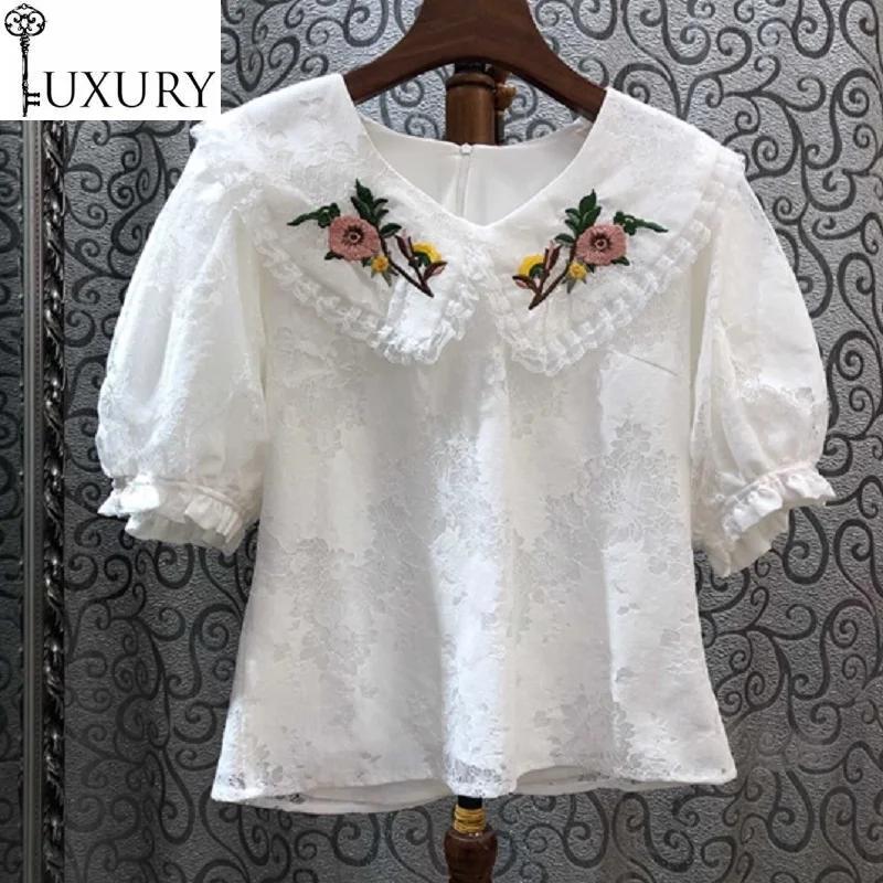 Summer Spring Crop 2020 Fashion White Blck Brown Shirts Ladies Peter Pan Collar Lace Embroidery Patchwork Short Sleeve Tops