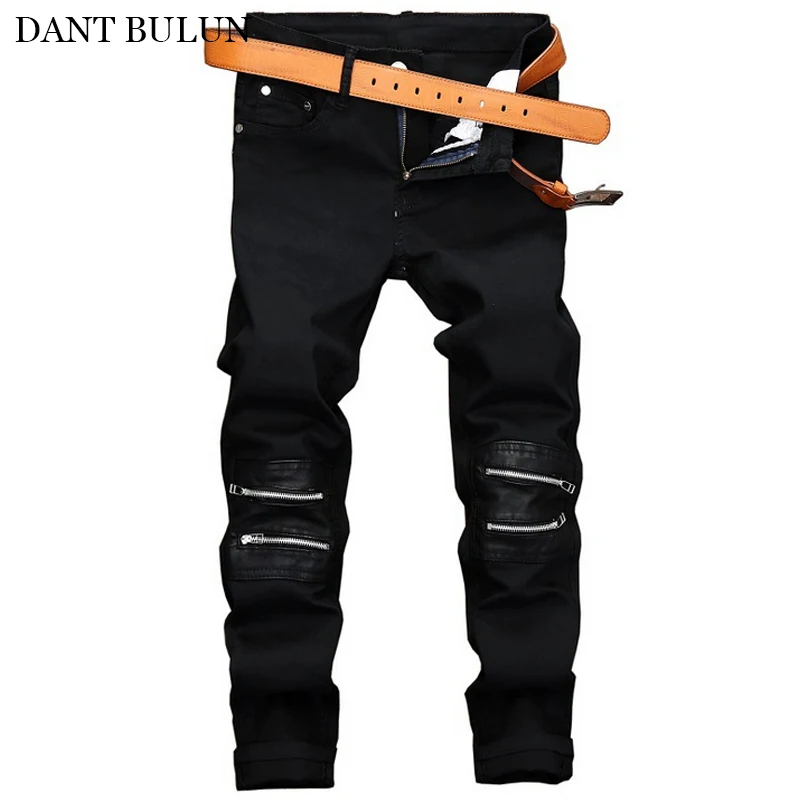 

Джинсы мужские в стиле хип-хоп, узкие эластичные брюки из денима, пэчворк, с имитацией молнии, черные повседневные штаны для мужчин